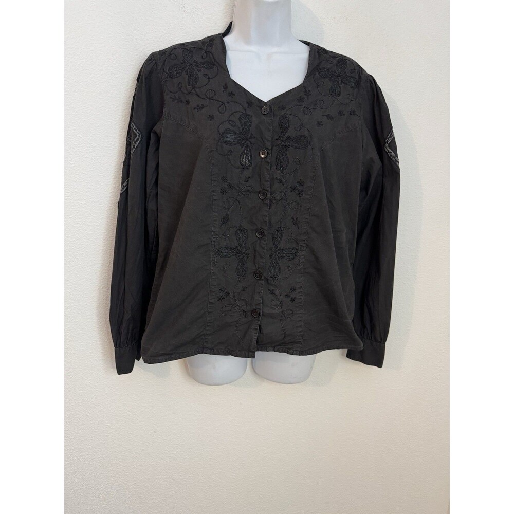 Blue Canyon Western Women Blouse Button Up Embroidered Boho Black Rodeo EUC